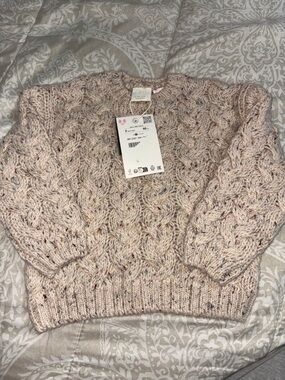Zara Speckled Light Pink Cable-Knit Crewneck Sweater